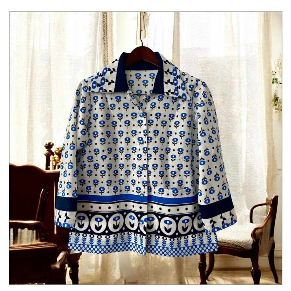 1970s True Vintage Mod Print Tulip Color Block Blazer/Blouse-EUC -Sz M 💙 🖤 - Picture 4 of 16
